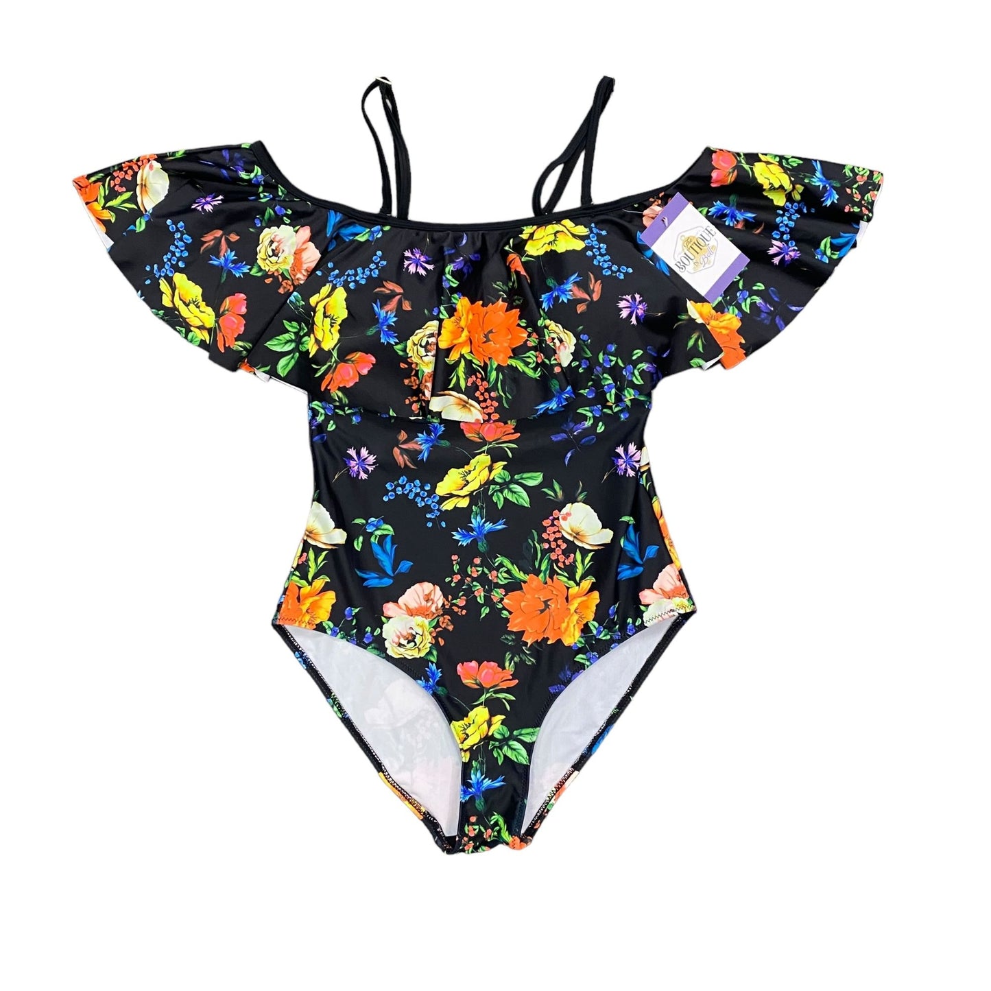 NWT Tempt Me S Black Floral Swimsuit Ruffle Top Molded Cup Tropical Print