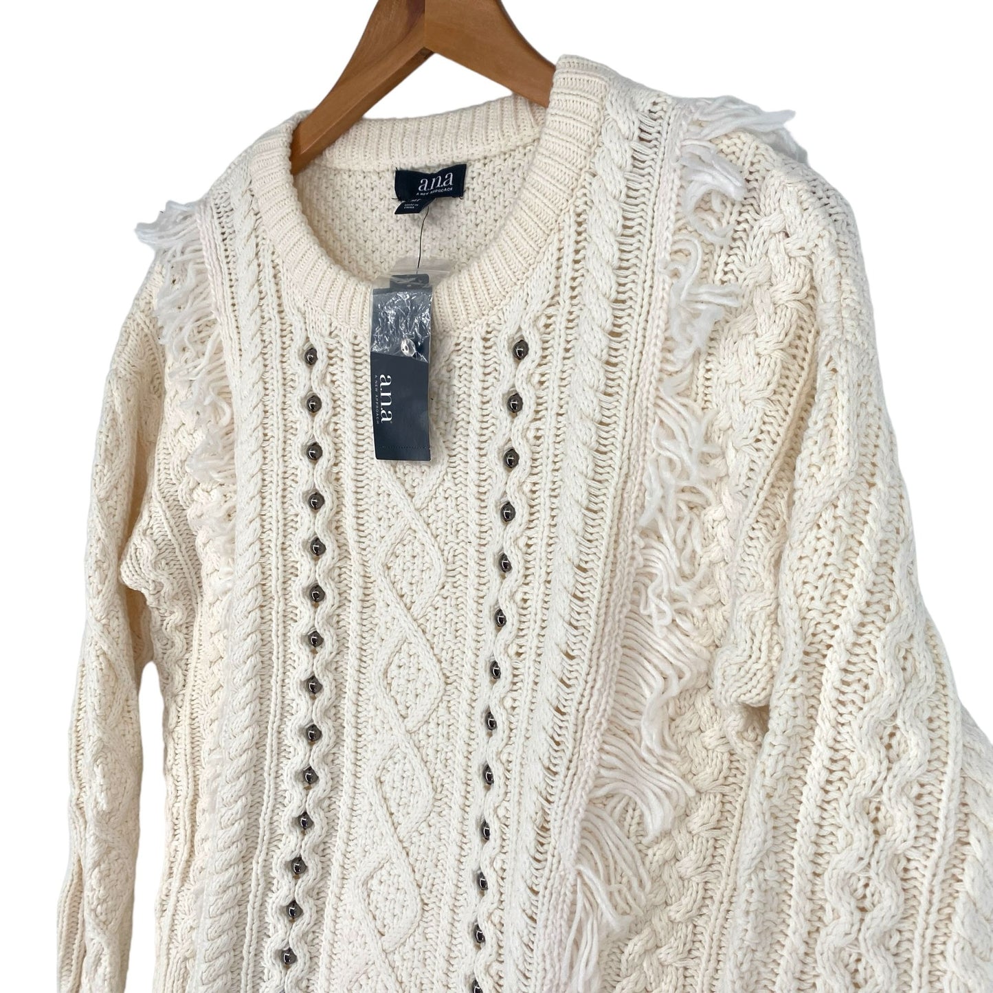 NWT ANA M Tall Ivory Fringe Beaded Sweater Boho Chunky Long Sleeve Cable Knit