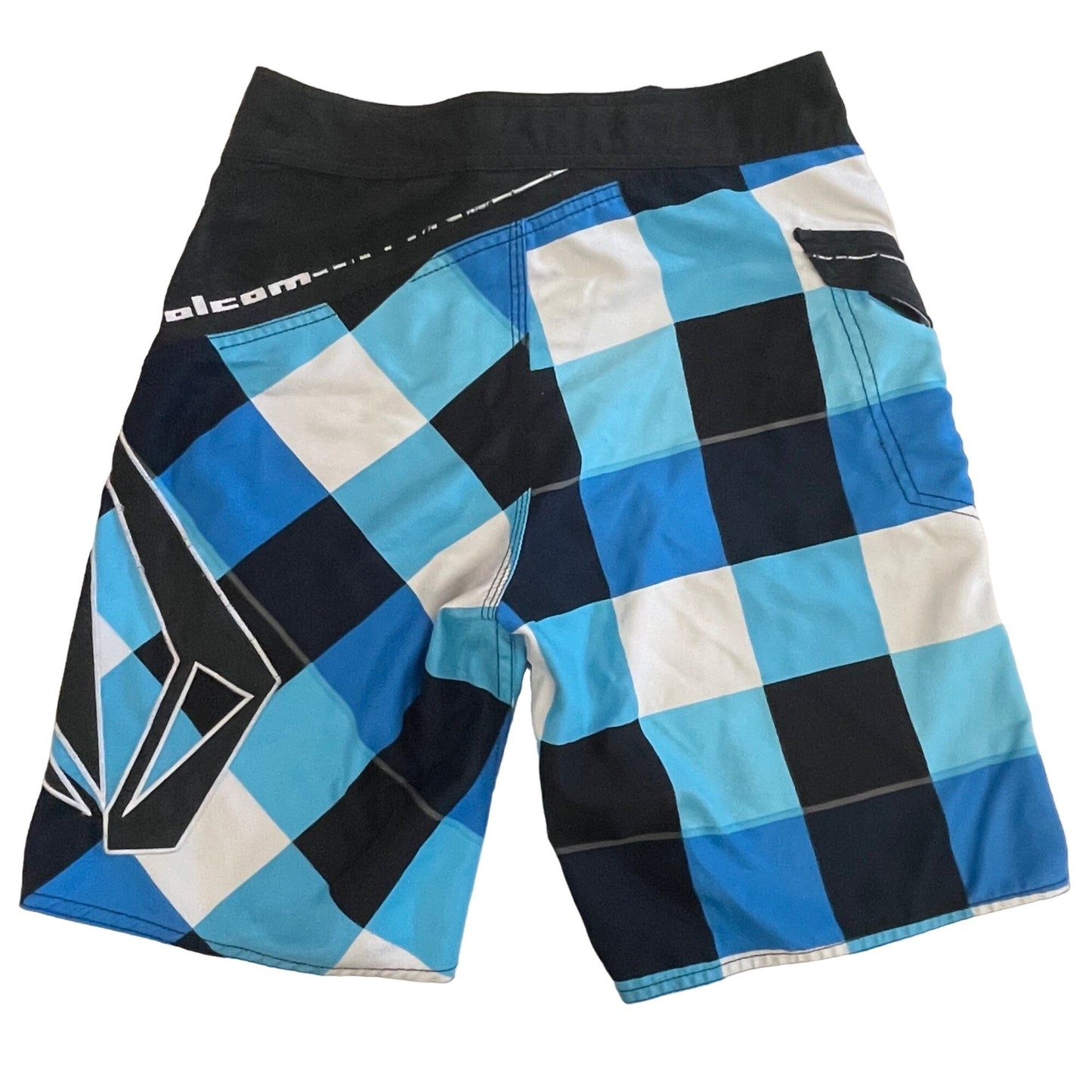 Volcom Boys 12 Blue Ice Plaid Boardshorts Swim Surf Trunks Pocket Logo Spellout