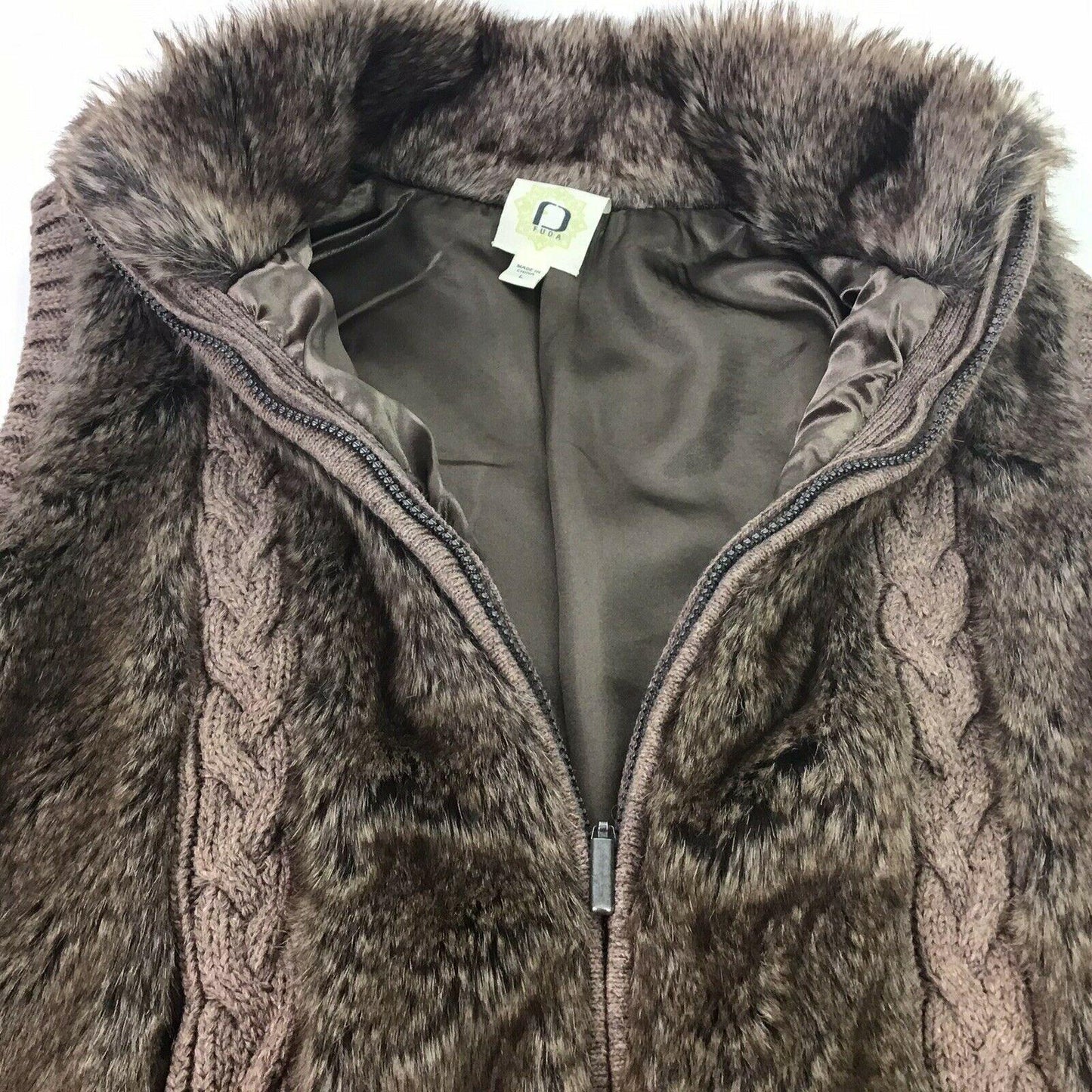 Fuda Womens L Brown Faux Fur Sweater Vest Full Zip Lined Soft Pockets Cable Knit