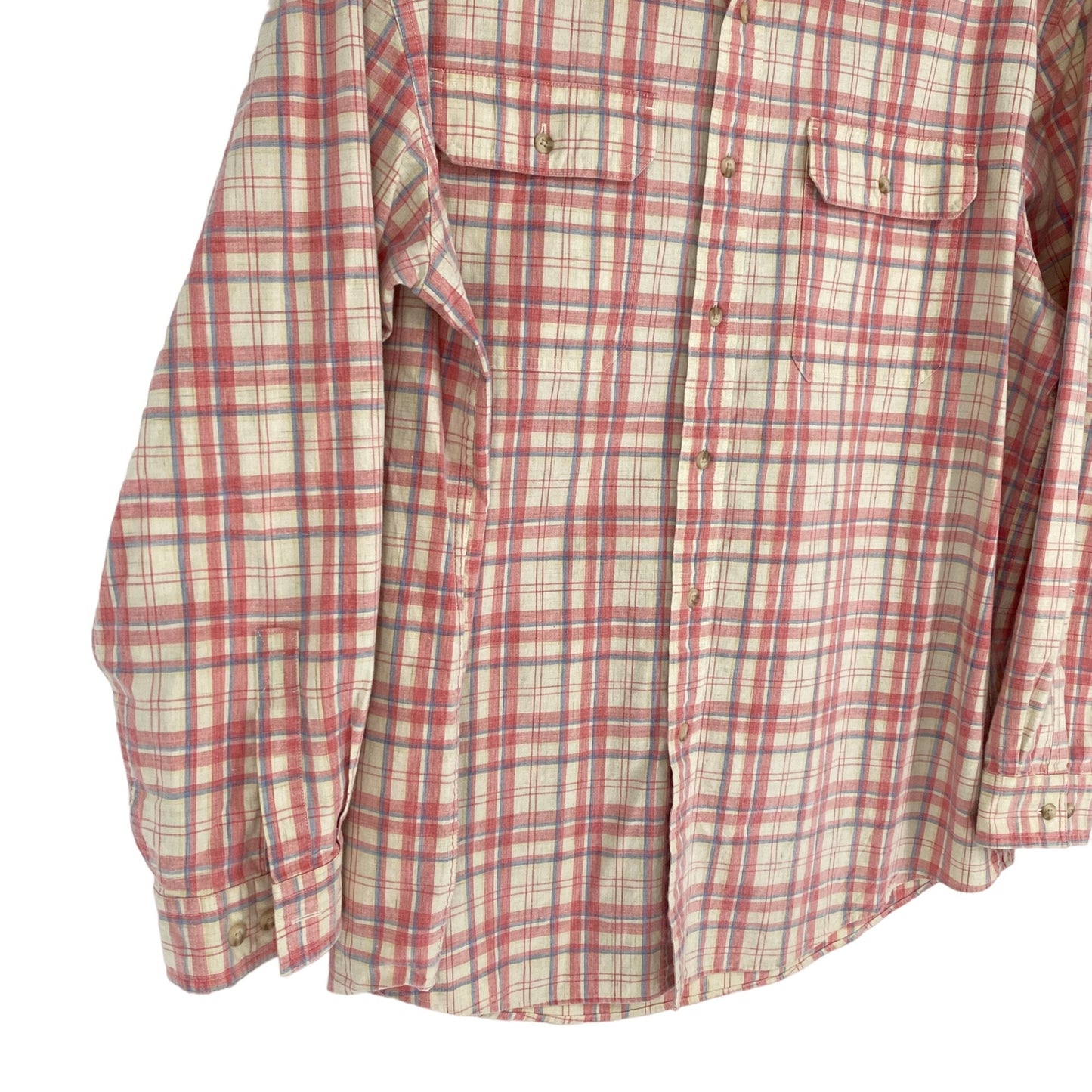 LL Bean Mens XL Plaid Shirt Button Front Pink Blue Beige Long Sleeve Pockets