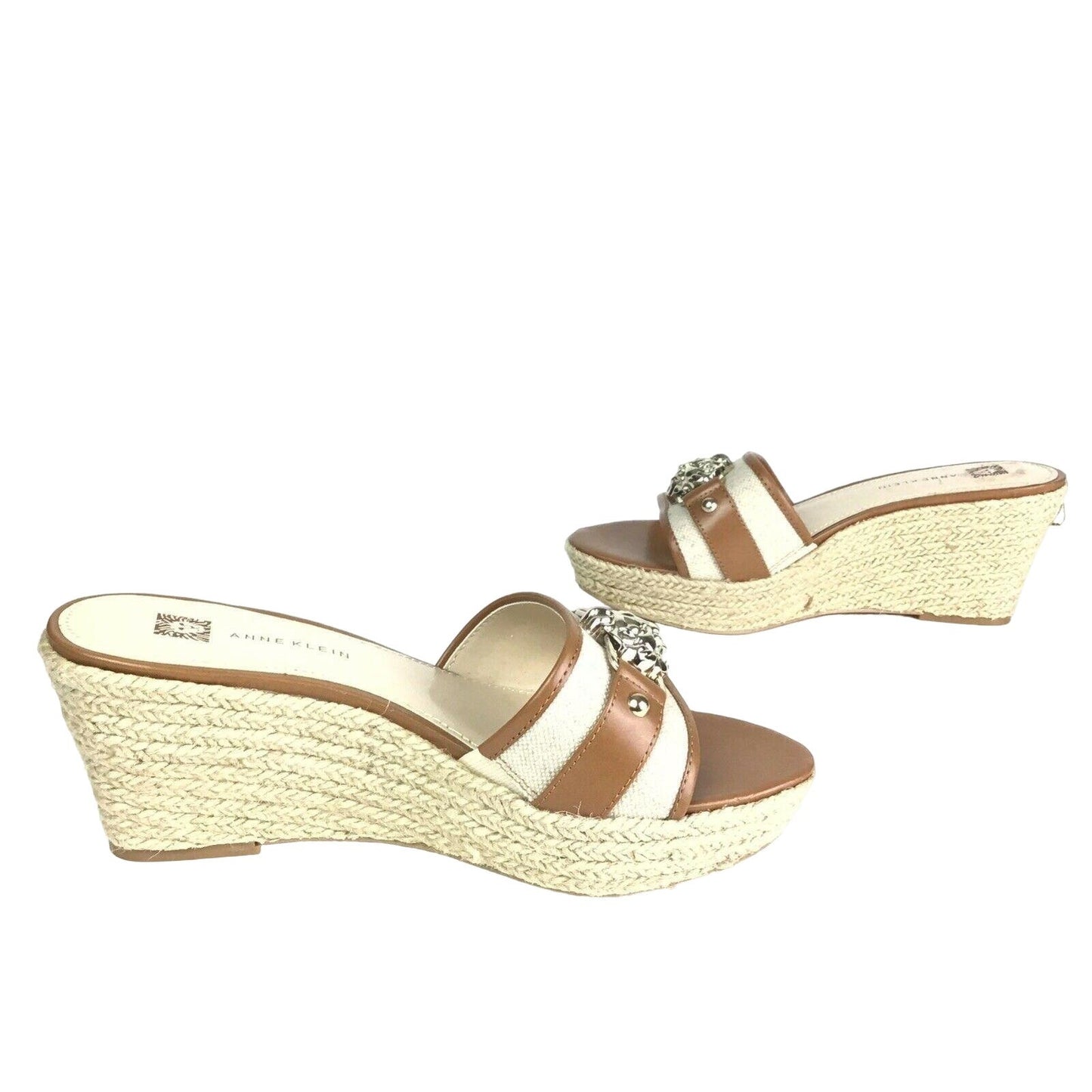 Anne Klein 8M Elissabet Gold Lion Head Espadrilles Tan White Sandal Wedges NEW