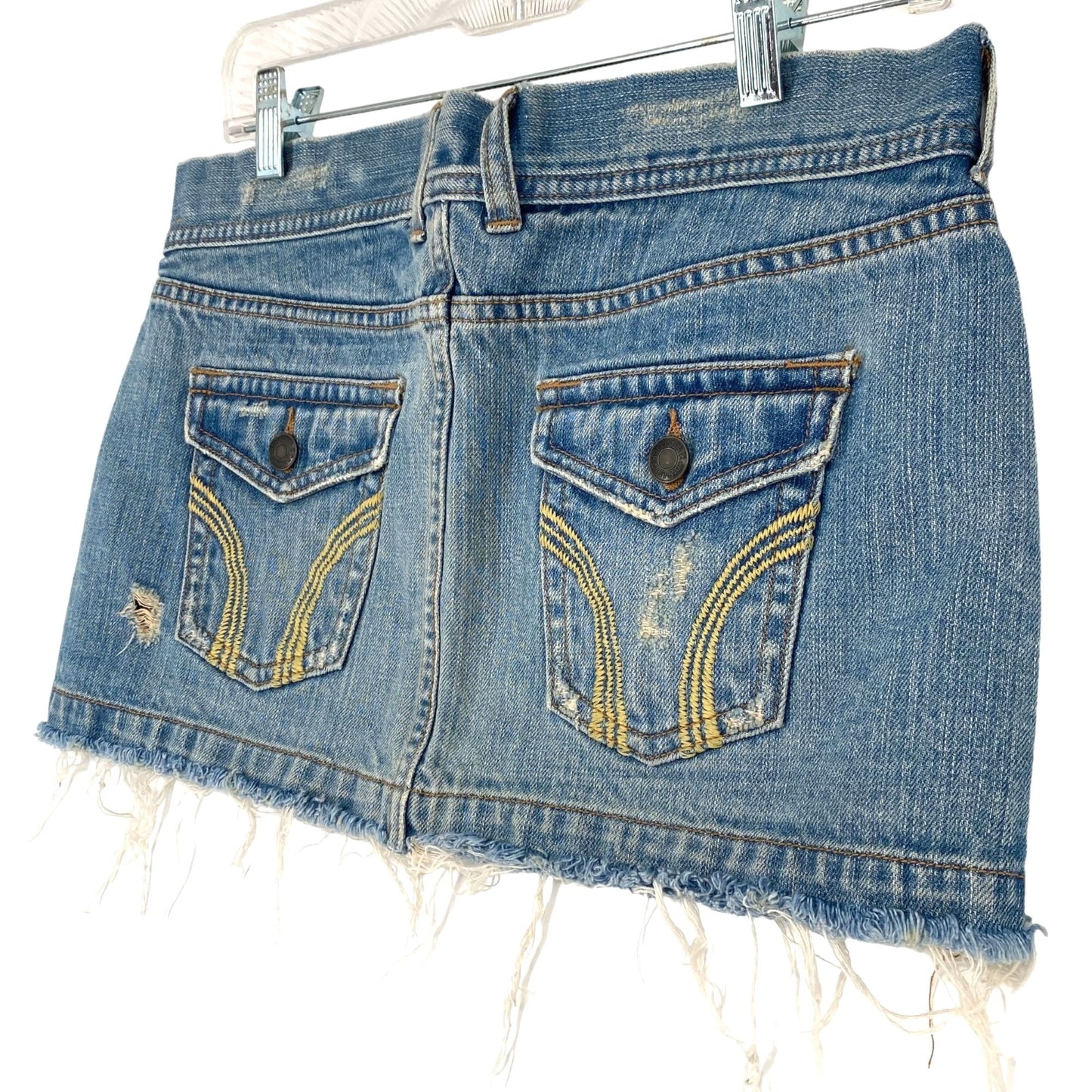 Vintage Hollister 3 Blue Jean Mini Skirt Distressed Flap Pockets Y2K Raw Hem