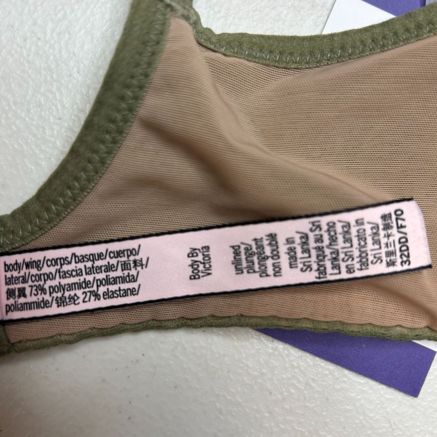 Victoria's Secret Body by Victoria 32DD Unlined Plunge Bra Mesh Olive Green