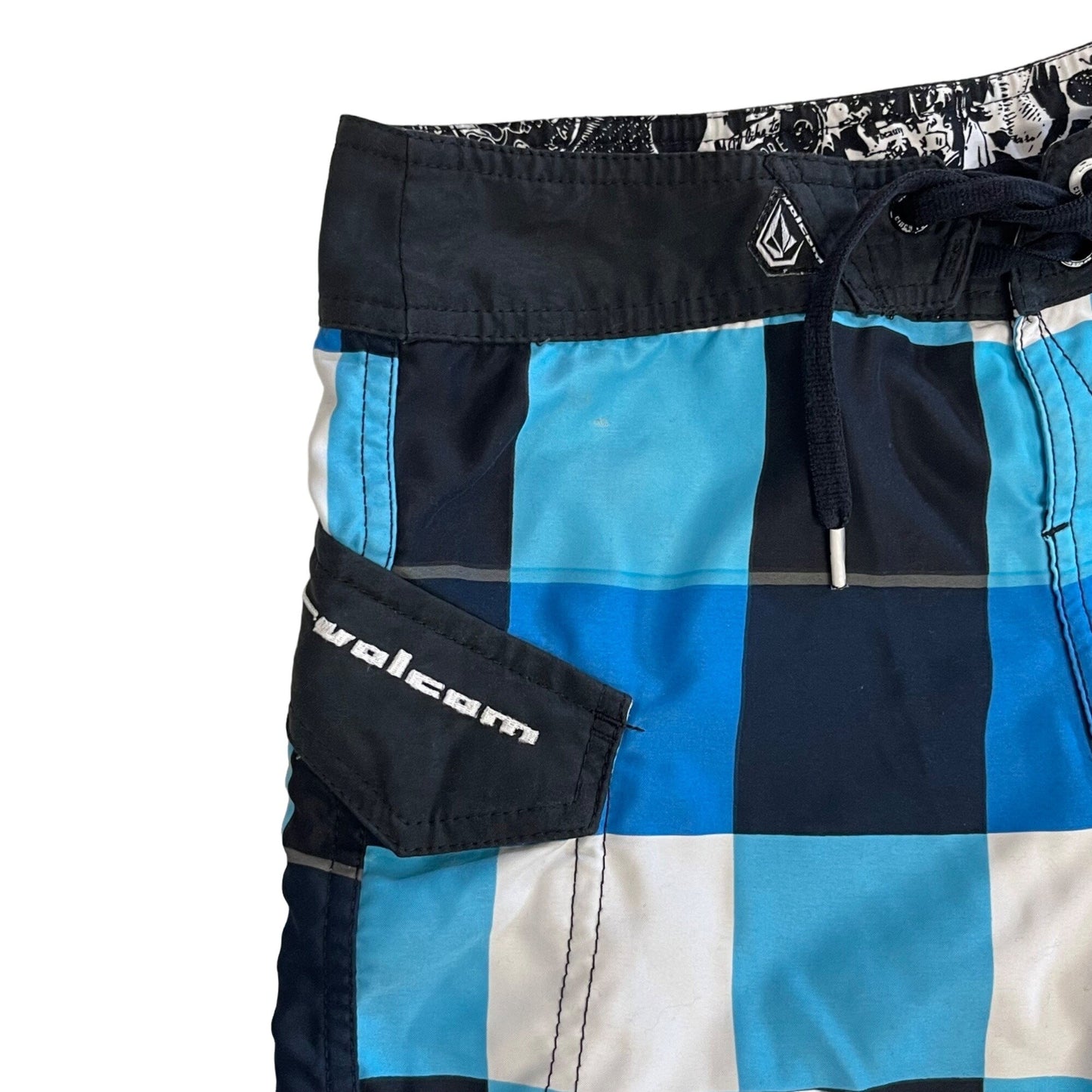 Volcom Boys 12 Blue Ice Plaid Boardshorts Swim Surf Trunks Pocket Logo Spellout