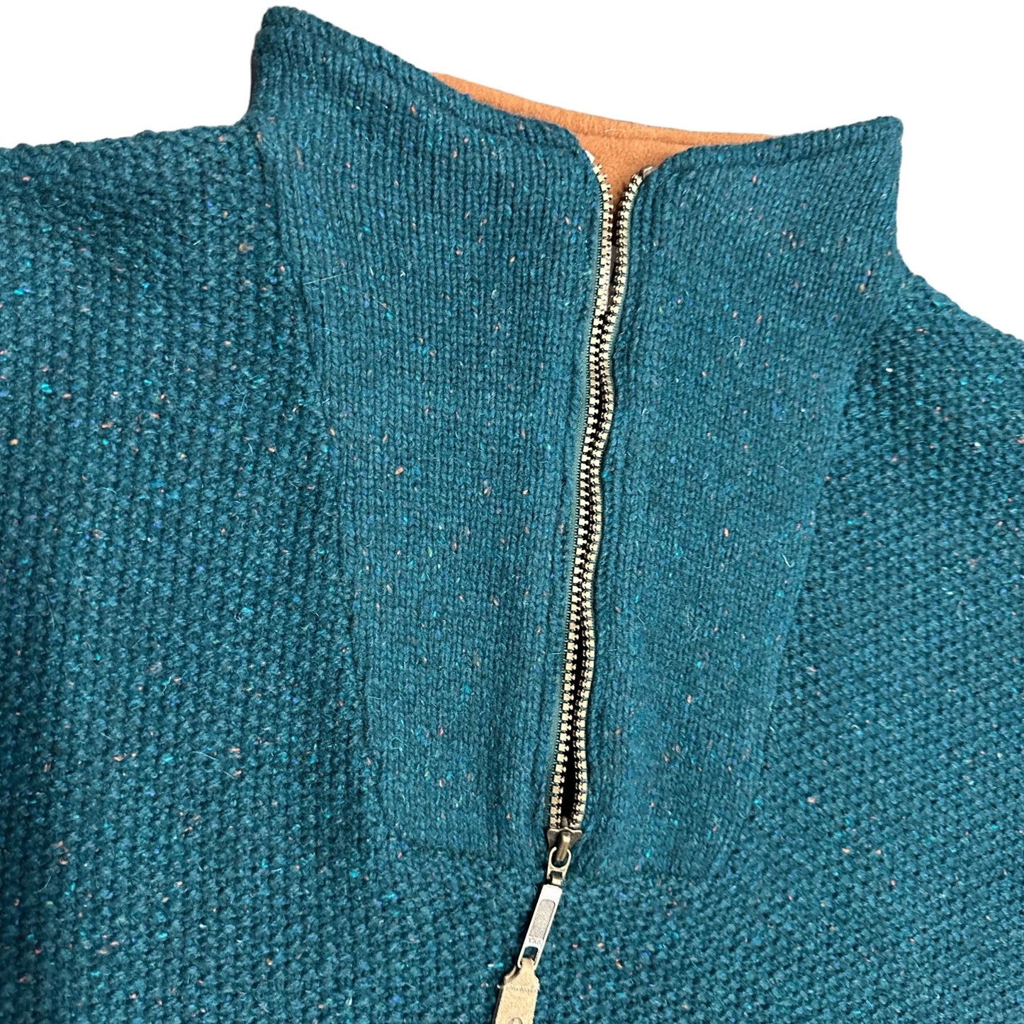 Vintage Orvis Mens XL Teal 1/4 Zip Pullover Knit Sweater Pockets Wool Blend