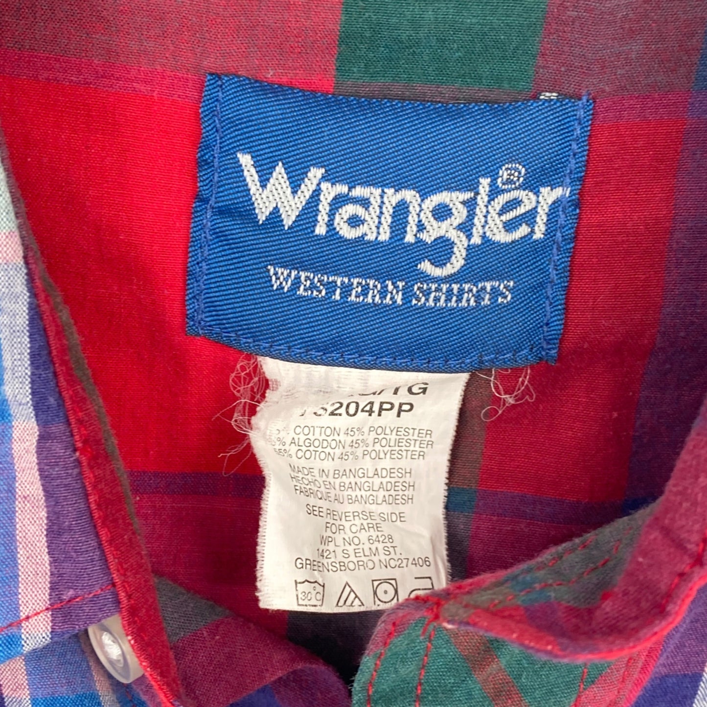 Vintage Wrangler XL Plaid Pearl Snap Button Up Red Blue Long Sleeve Western