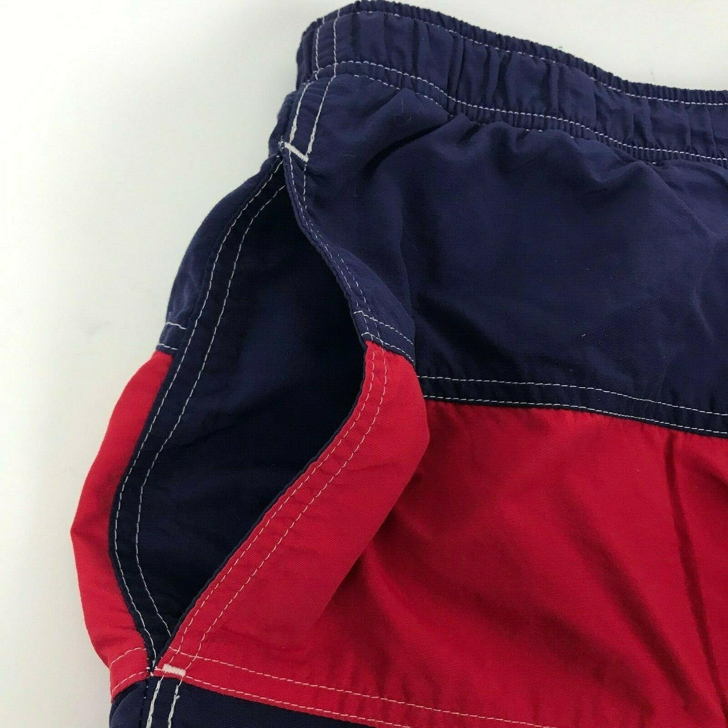 Lands End XXL 44-48 Red Blue Drawstring Swim Trunks Elastic Waist Lined Pockets