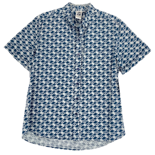 Kennington Mens XXL Blue Shirt Button Down Short Sleeve Dove Peace Sign Print