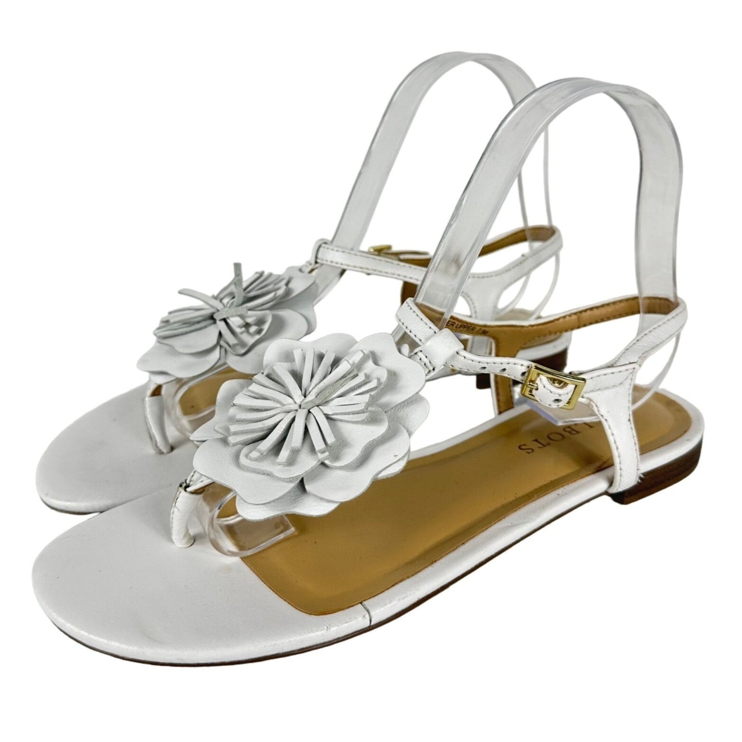 Talbots Womens 7.5M White Flat Strappy Sandal Flower Buckle Casual Church Wear