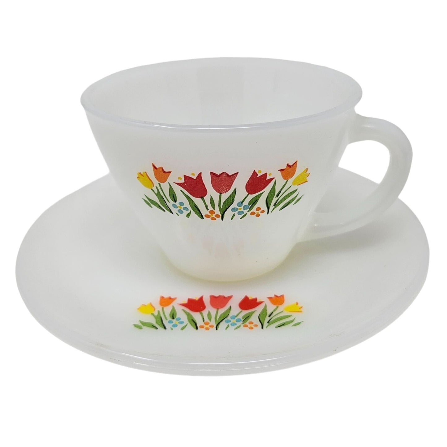 Vintage 1950s Anchor Hocking Fire King Milk Glass Tulip Tea Cup and Saucer Set