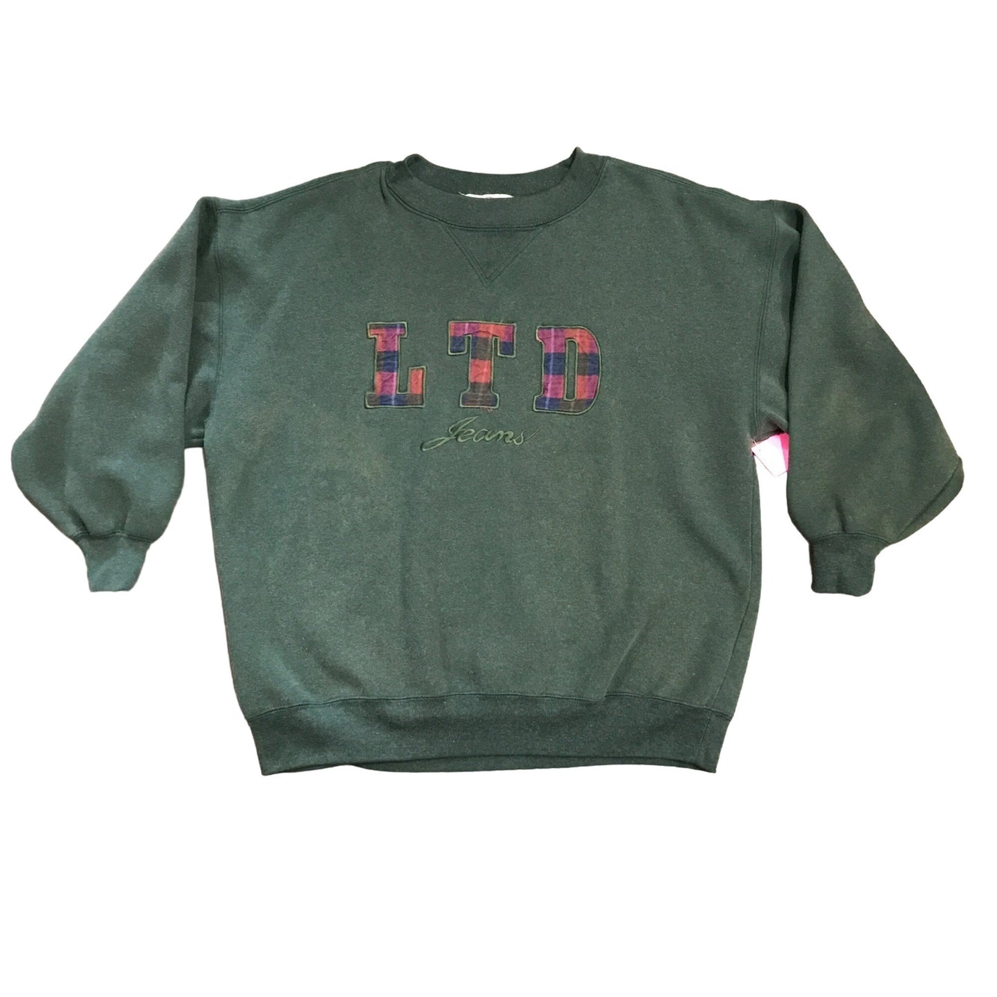 Vintage Limited Jeans M Green Pullover Sweatshirt Embroidered Plaid Logo y2K