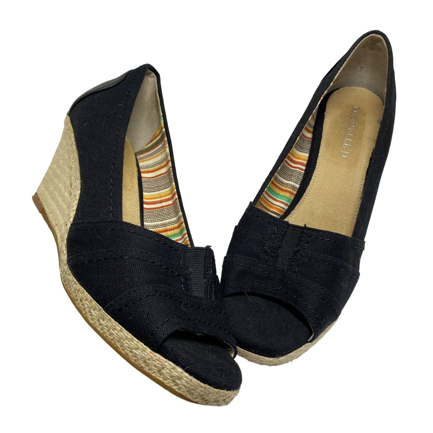 MICHELLE D 7.5 Black Espadrille Womens Open Toe Wedge Heels