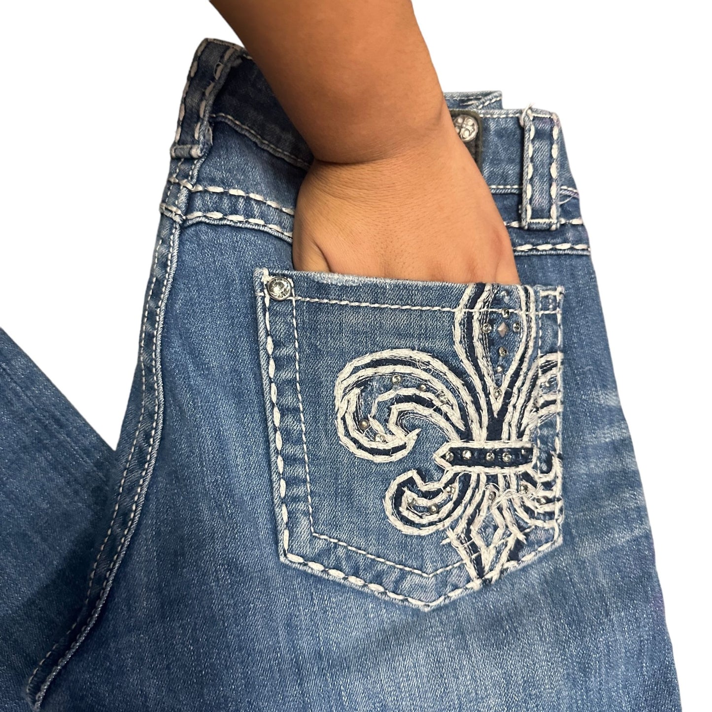 Miss Me 29 Skinny Blue Jeans Distressed Thick Stitch Studs Fleur De Lis Pockets