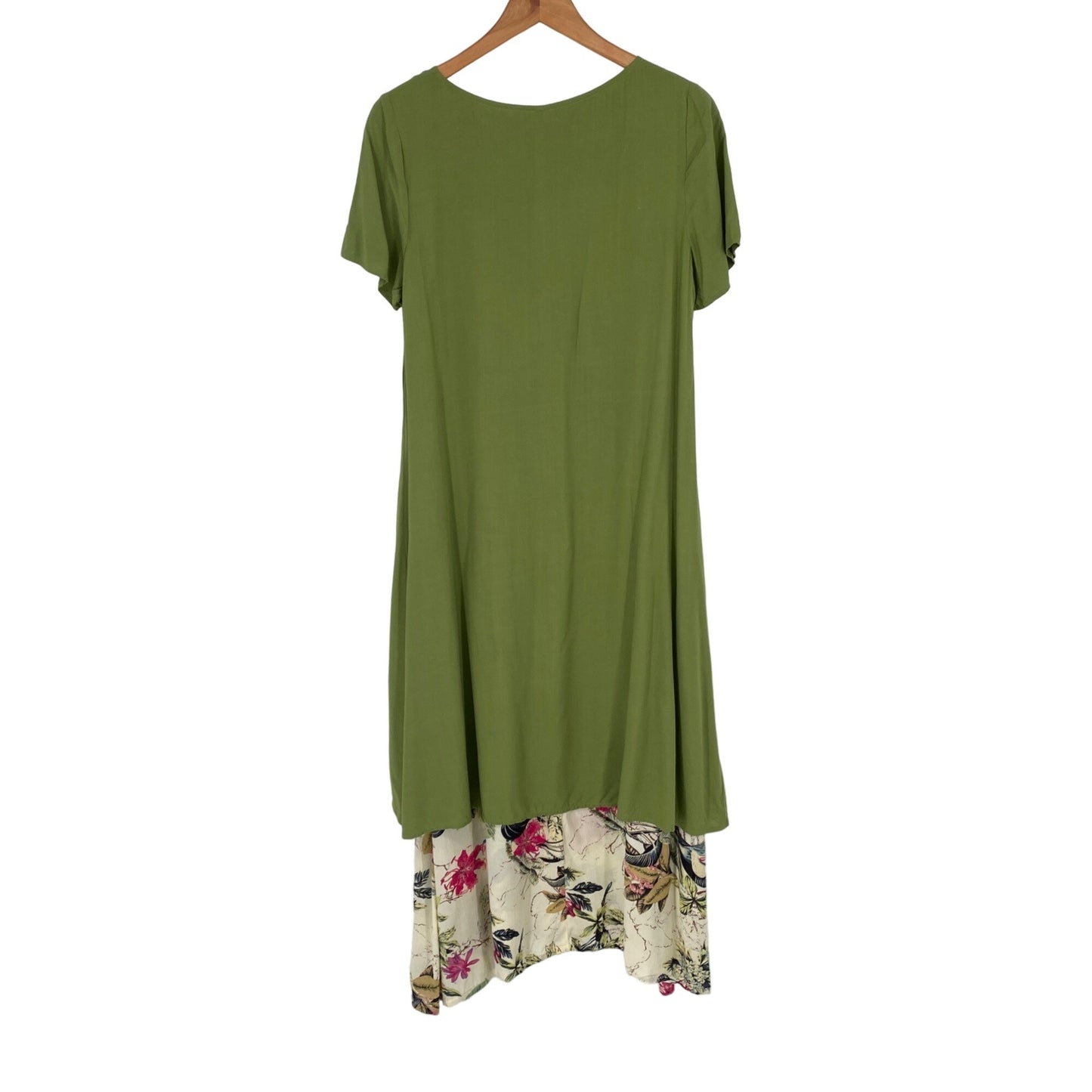 Unbranded M Green Floral Dress Layered Look Tropical Bamboo Button Short Sleeve