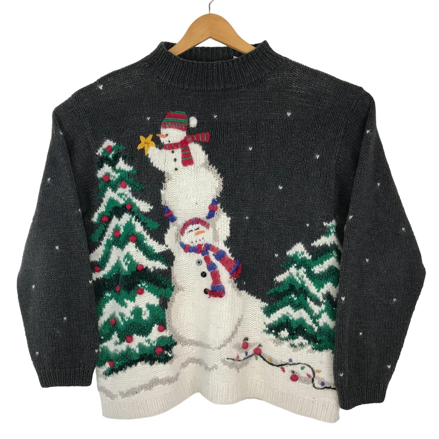 Croft & Barrow L Gray Snowman Christmas Sweater Knitted by Hand Mock Neck Tree