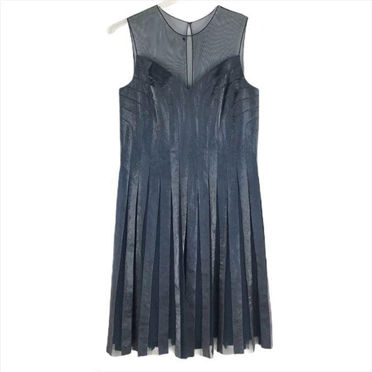 Adrianna Papell Cocktail Dress Metallic Blue 14 Sleeveless Semi Sheer Chic Glam
