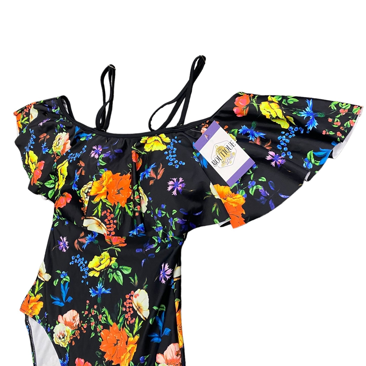 NWT Tempt Me S Black Floral Swimsuit Ruffle Top Molded Cup Tropical Print