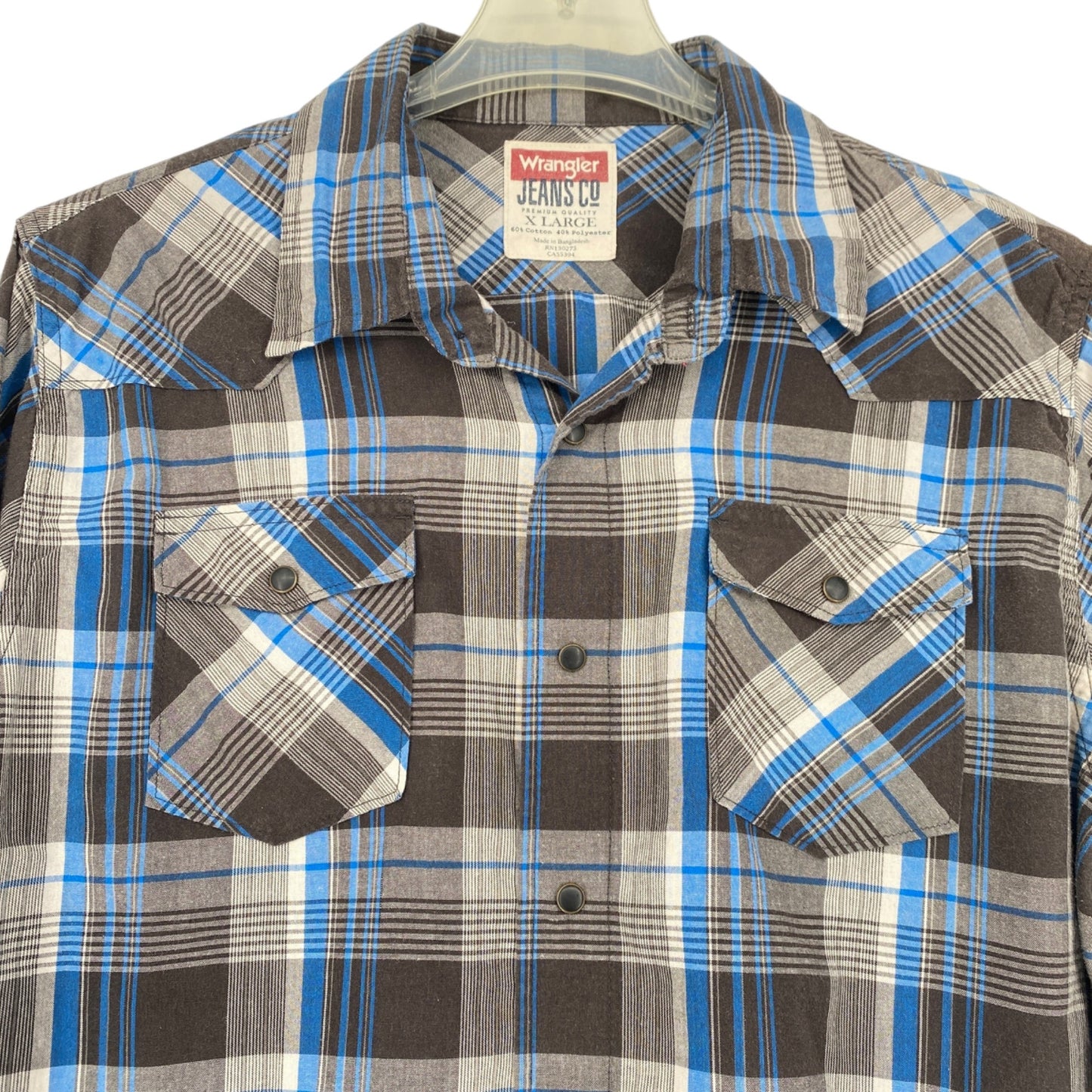 Wrangler XL Brown Blue Plaid Pearl Snap Button Down Long Sleeve Cowboy Rodeo