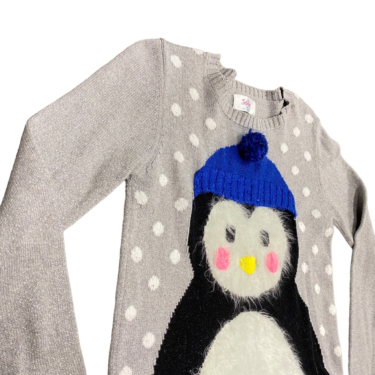 Justice Girls 18 Gray Fuzzy Penguin Sweater Tight Knit Long Sleeves Snow Winter