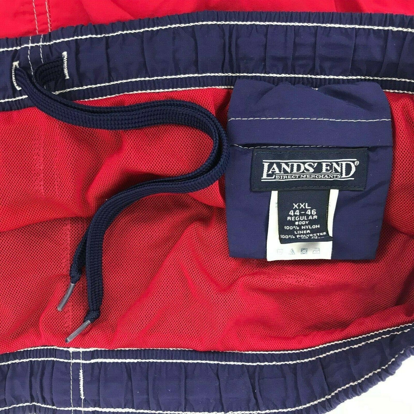 Lands End XXL 44-48 Red Blue Drawstring Swim Trunks Elastic Waist Lined Pockets