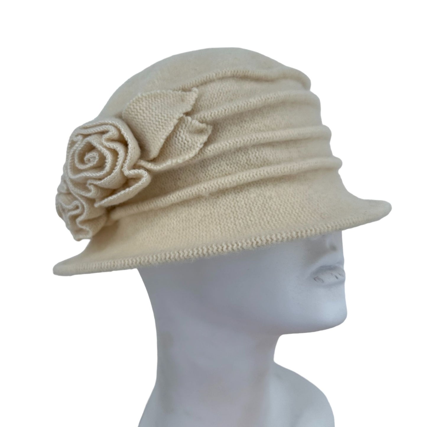 Lawliet Women Cream Cloche Hat Cap Wool Knit Gatsby Floral Accent Packable Retro