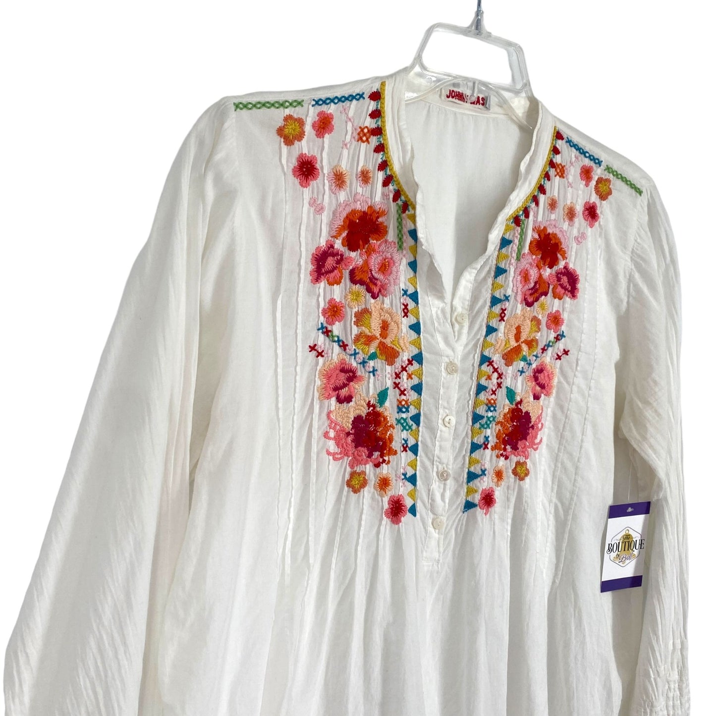 Johnny Was Womens L Boho Tunic Blouse White Floral Embroidery White Long Sleeve