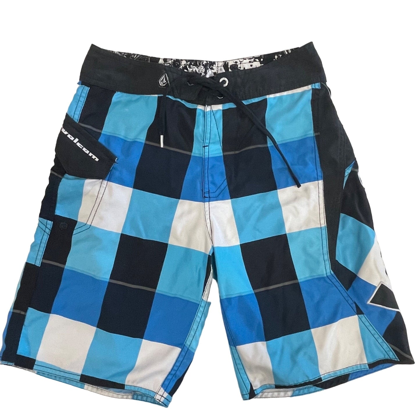 Volcom Boys 12 Blue Ice Plaid Boardshorts Swim Surf Trunks Pocket Logo Spellout