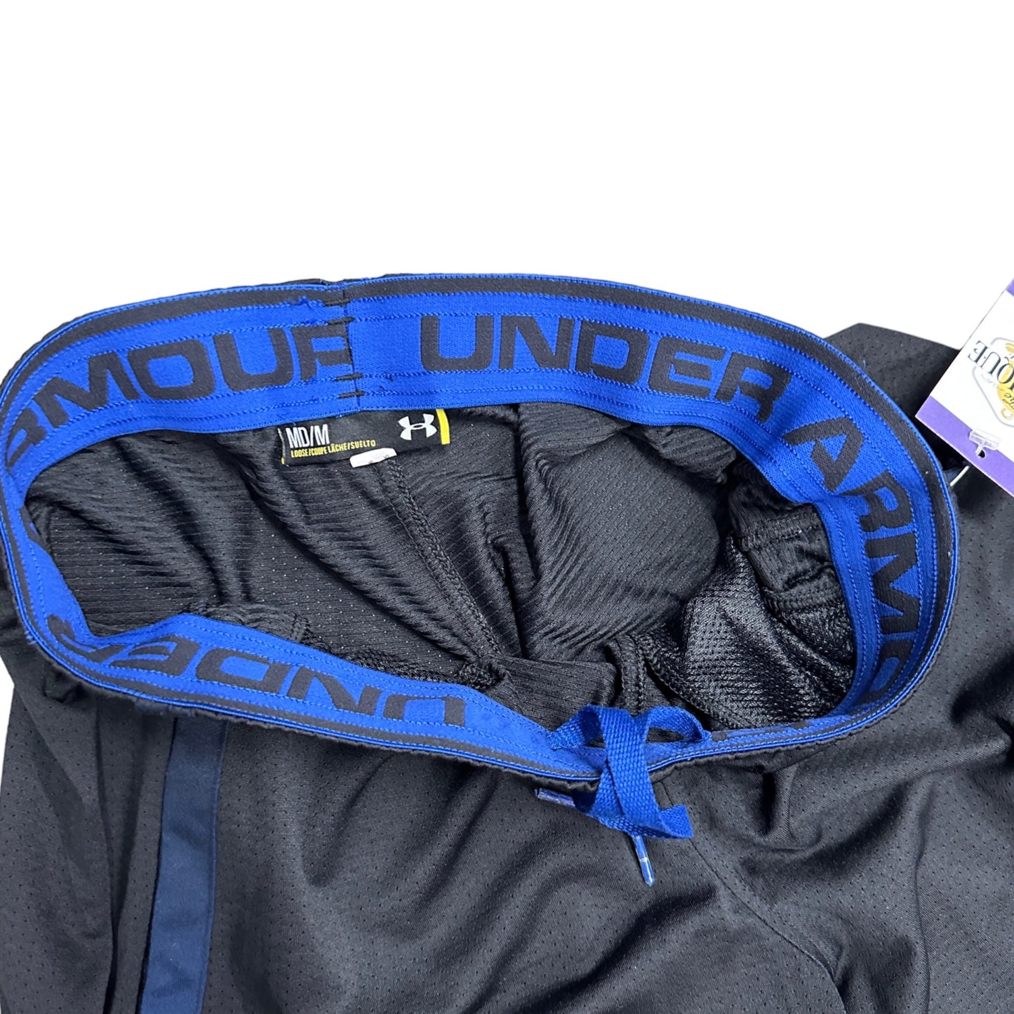 Under Armour Men M Black Shorts Blue Stripe Basketball Loose Casual Mesh Pockets