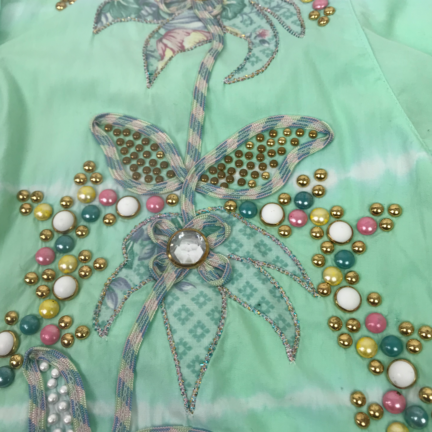 Vintage GAR Womens S Green Tie Dye Blouse Button Up Embellished Blanche Collared