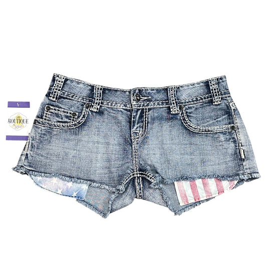 Rock Roll Cowgirl Cut Off Jean Shorts Womens 28 Low Rise BOHO Patriot Cowgirl