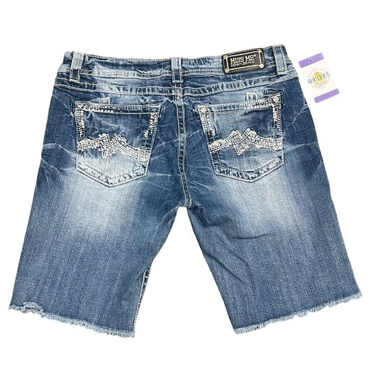 Miss Me 34 Distressed Bermuda Shorts Rhinestone Pockets Frayed Hem 10" Inseam