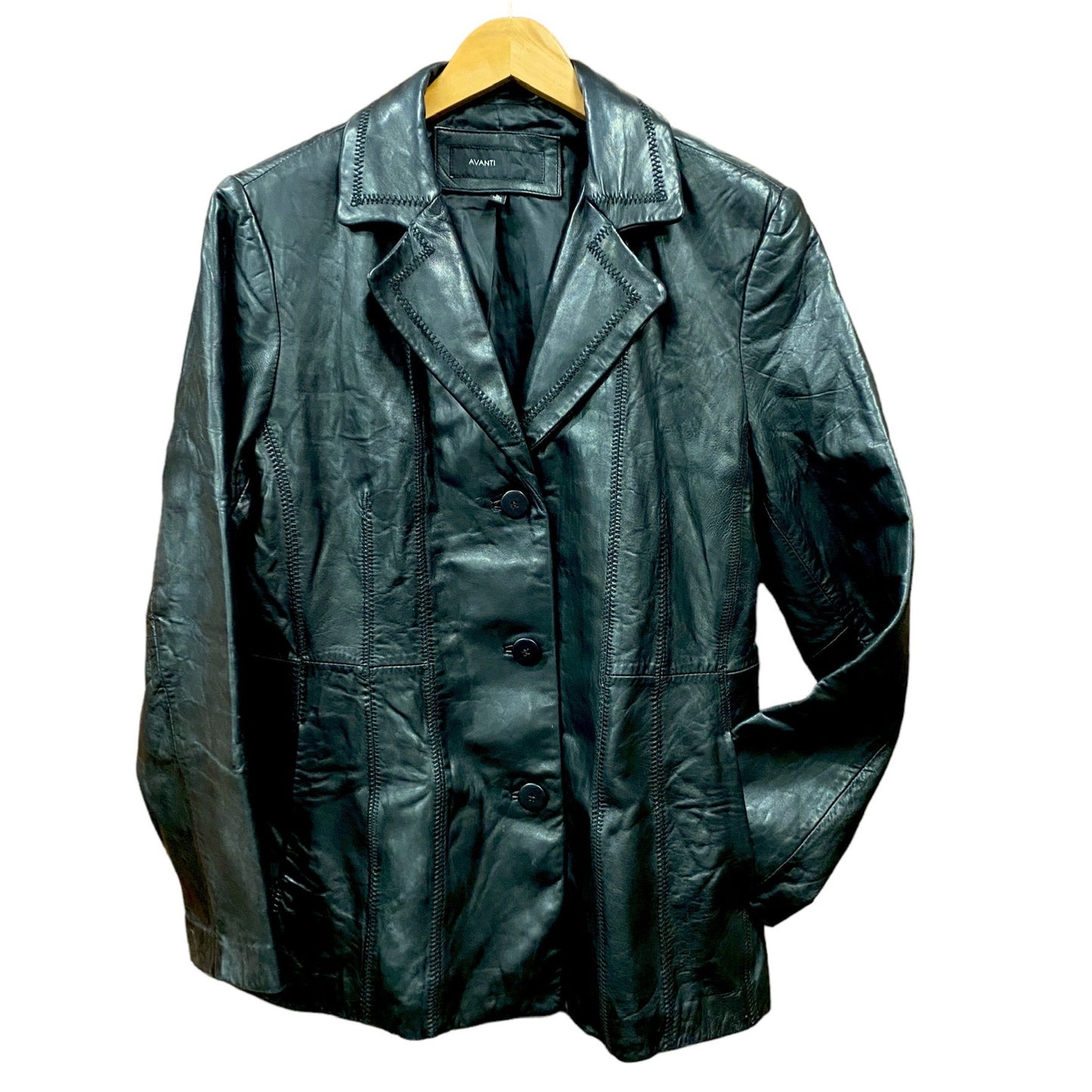 Avanti Leather Jacket Blazer Long Line L Black 3 Button Pockets Minimalist Retro