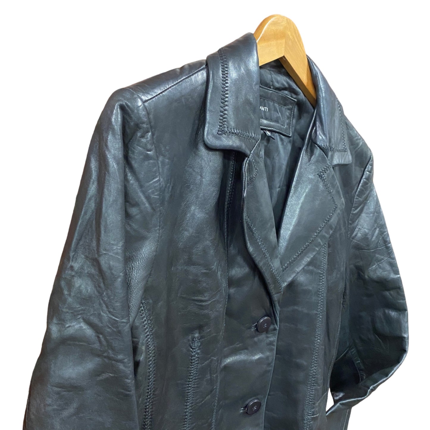 Avanti Leather Jacket Blazer Long Line L Black 3 Button Pockets Minimalist Retro