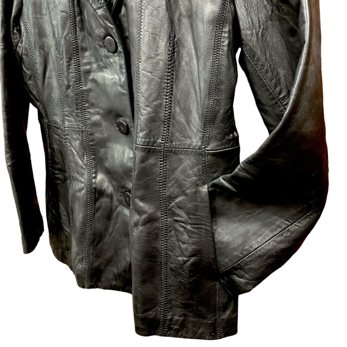 Avanti Leather Jacket Blazer Long Line L Black 3 Button Pockets Minimalist Retro