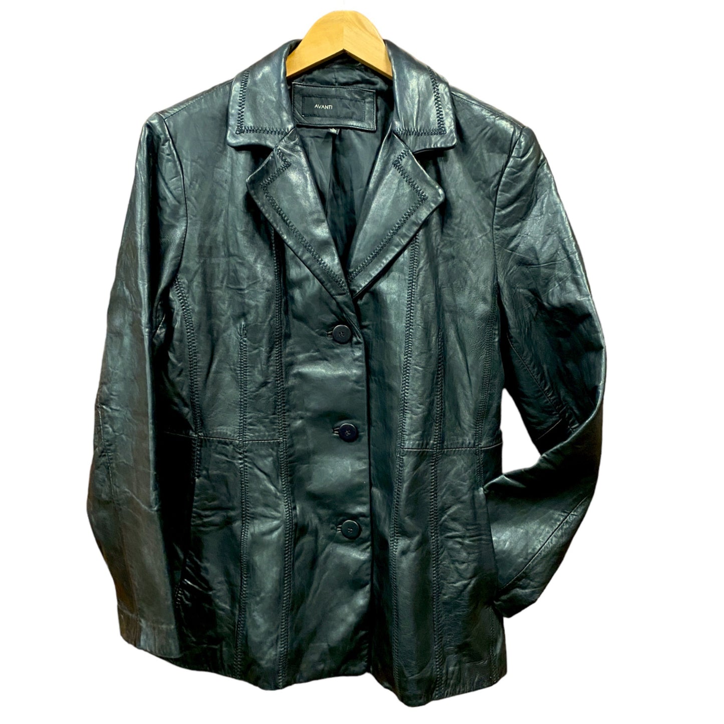 Avanti Leather Jacket Blazer Long Line L Black 3 Button Pockets Minimalist Retro