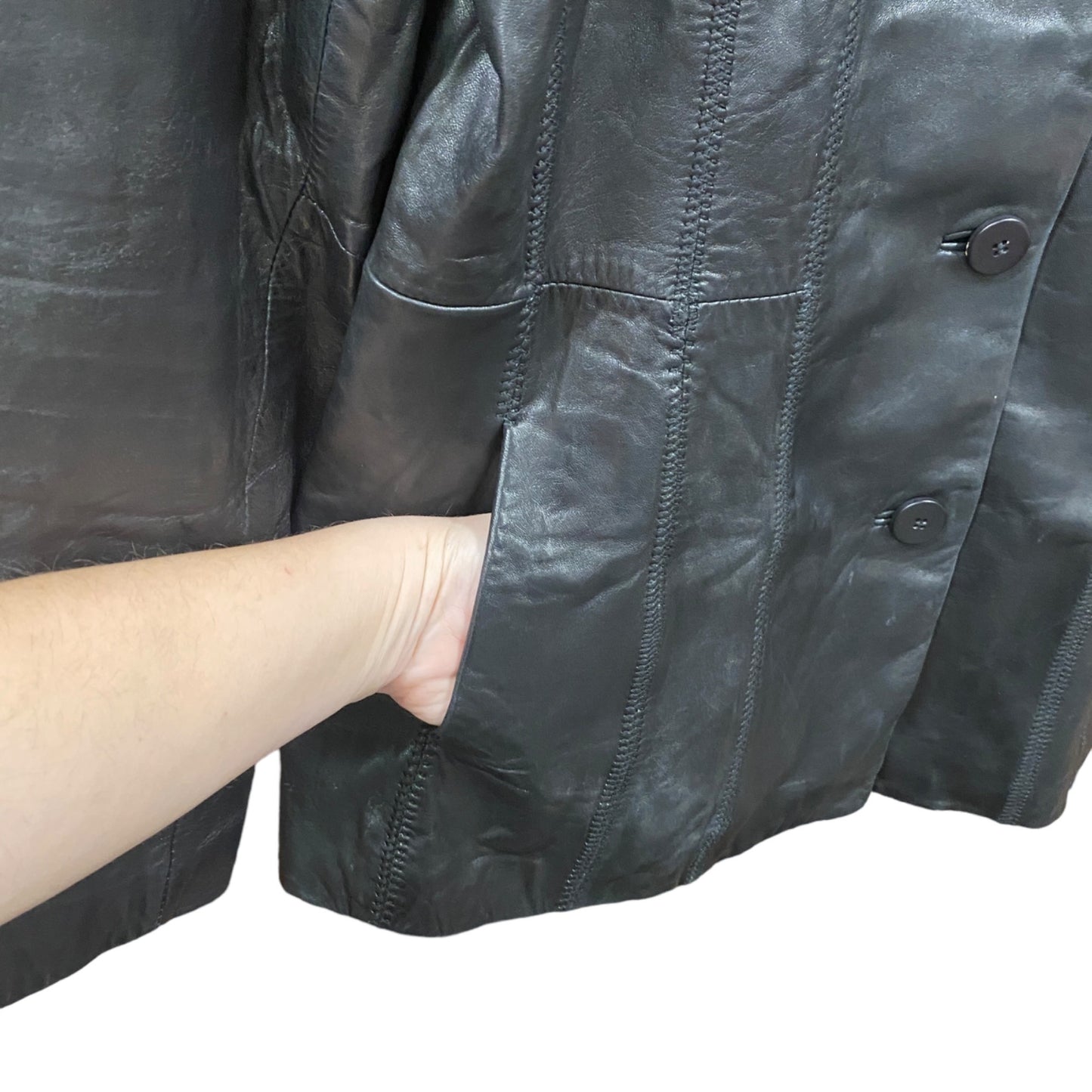 Avanti Leather Jacket Blazer Long Line L Black 3 Button Pockets Minimalist Retro