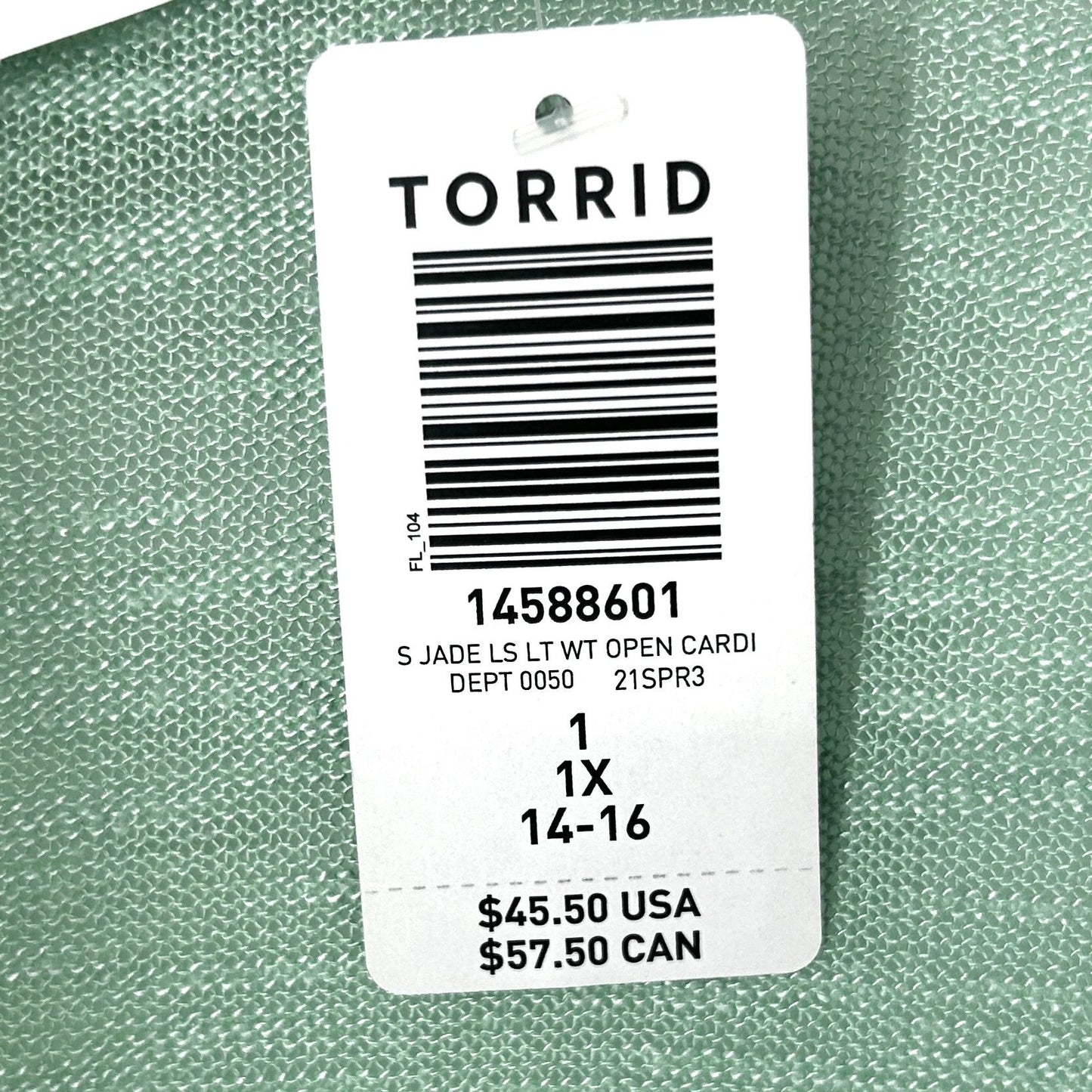 NWT Torrid Womens 1X 14-16 Jade Green Cardigan Open Front Lightweight Layering