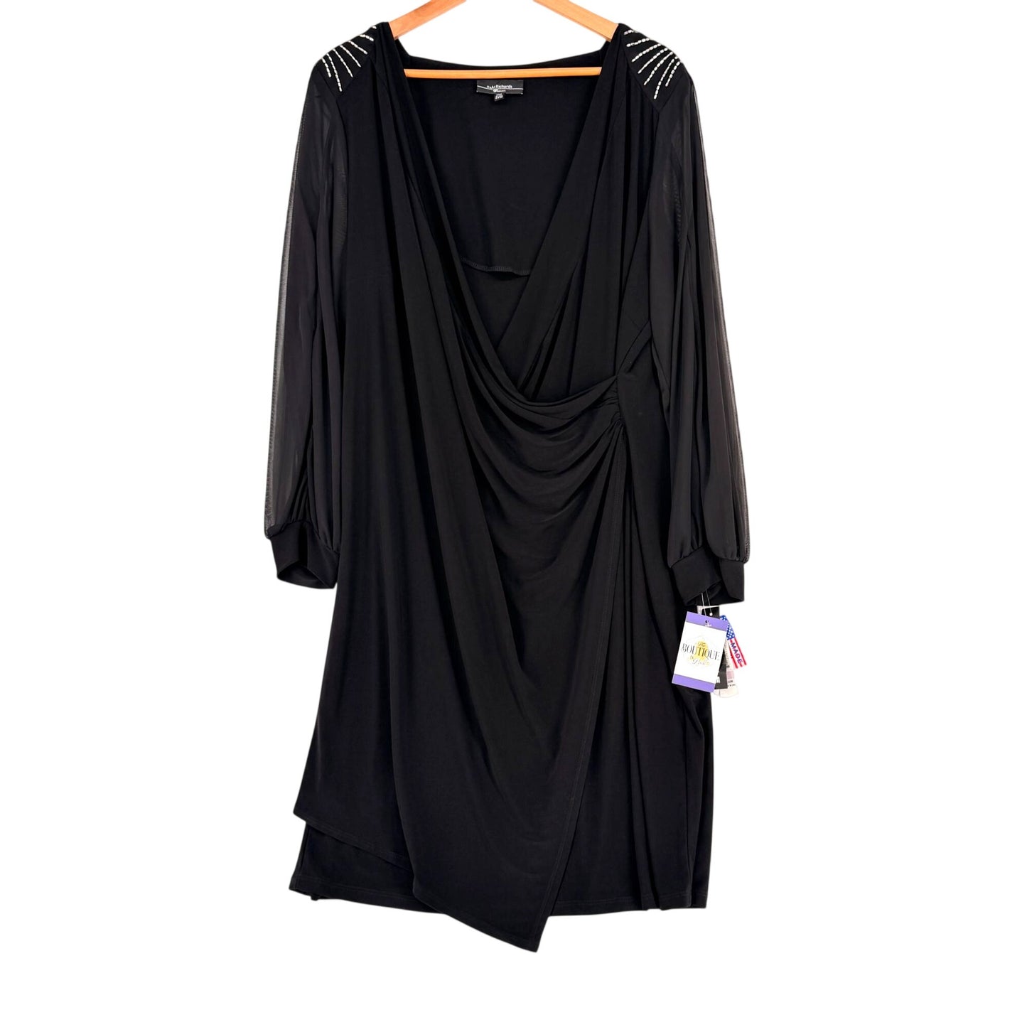 R&M Richards Black Dress Short Cocktail Long Sleeve Rhinestones Plus Size 22