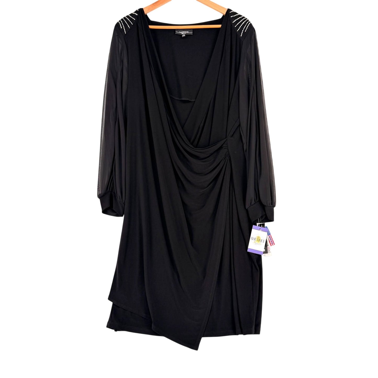 R&M Richards Black Dress Short Cocktail Long Sleeve Rhinestones Plus Size 22