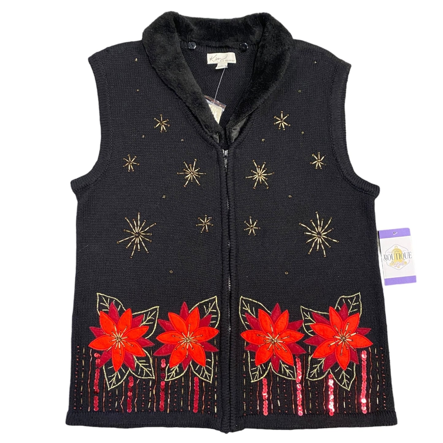 NWT Kim Rogers L Christmas Vest Poinsettia Embroidered Full Zip Removable Collar