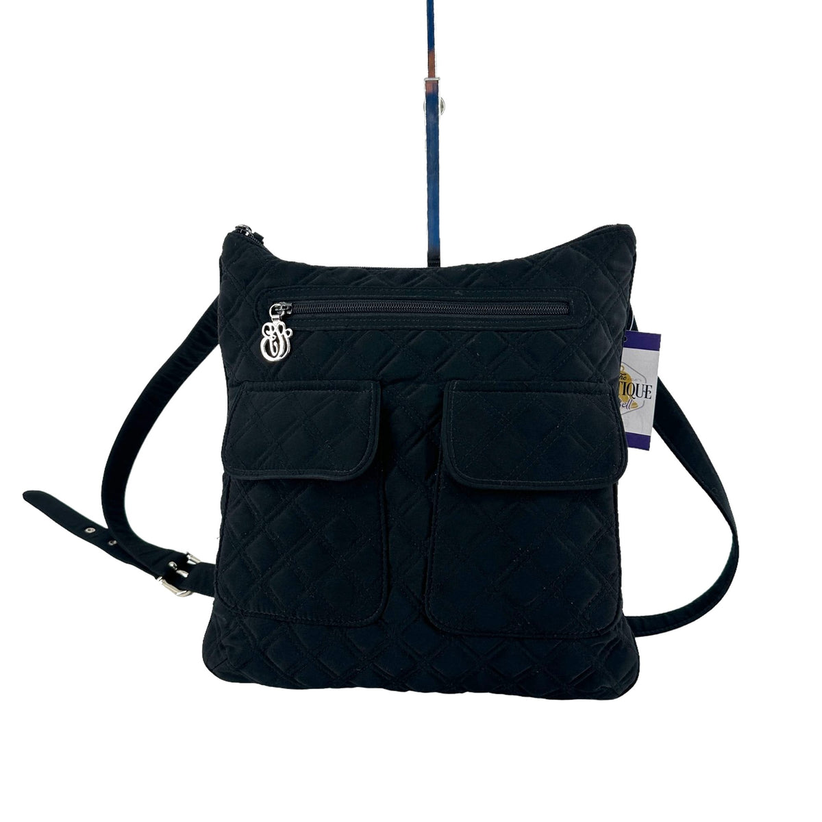 Vera Bradley Black Quilted Crossbody Bag Purse Zip Top 3 Pockets Strap Retired