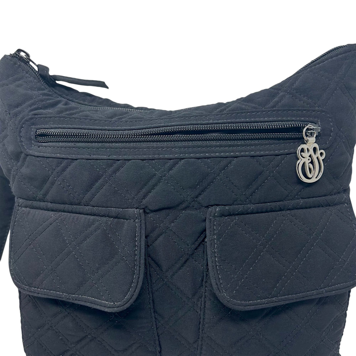 Vera Bradley Black Quilted Crossbody Bag Purse Zip Top 3 Pockets Strap Retired