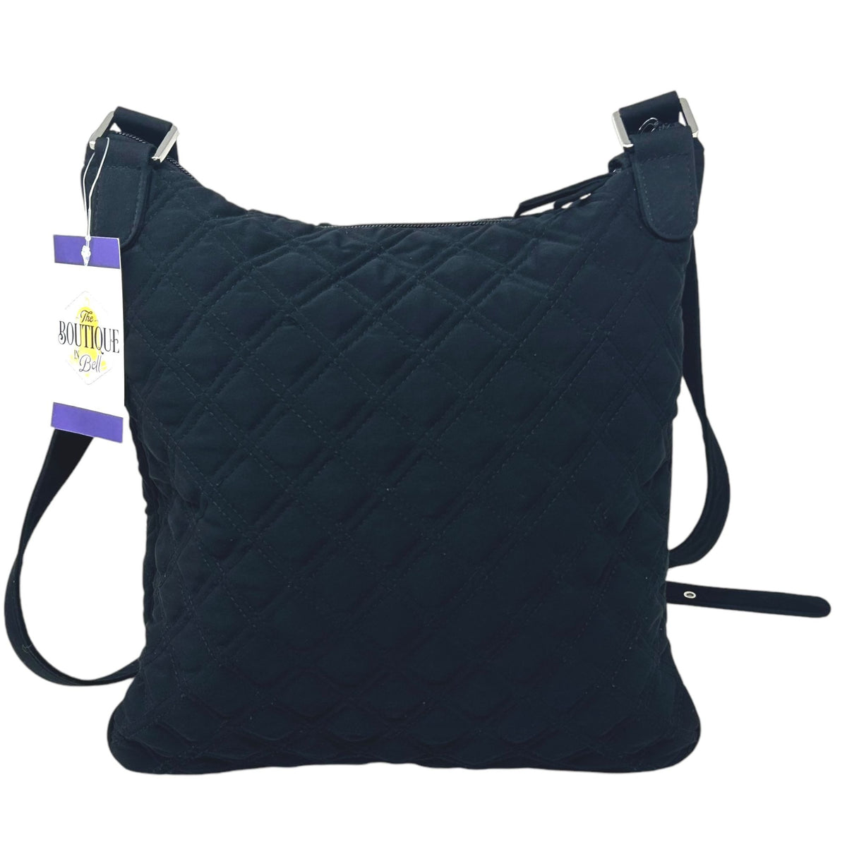 Vera Bradley Black Quilted Crossbody Bag Purse Zip Top 3 Pockets Strap Retired