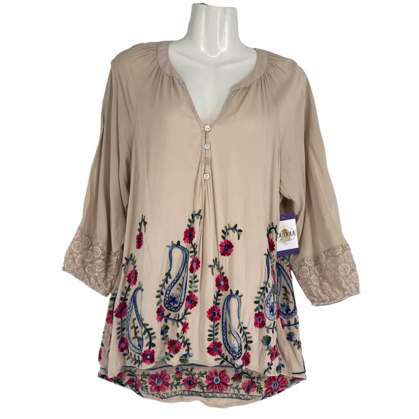 Anthropologie Figueroa Flower M Embroidered 3/4 Sleeve Peasant Blouse Floral