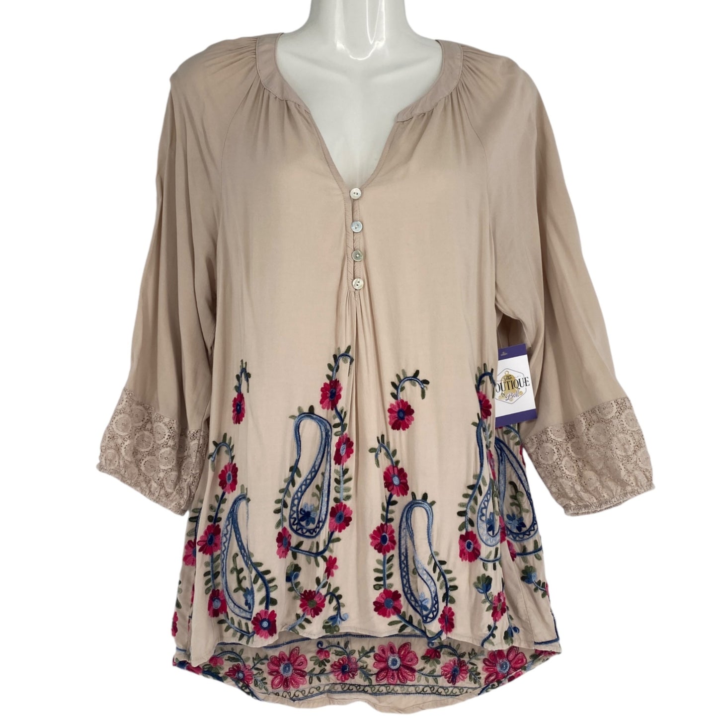 Anthropologie Figueroa Flower M Embroidered 3/4 Sleeve Peasant Blouse Floral