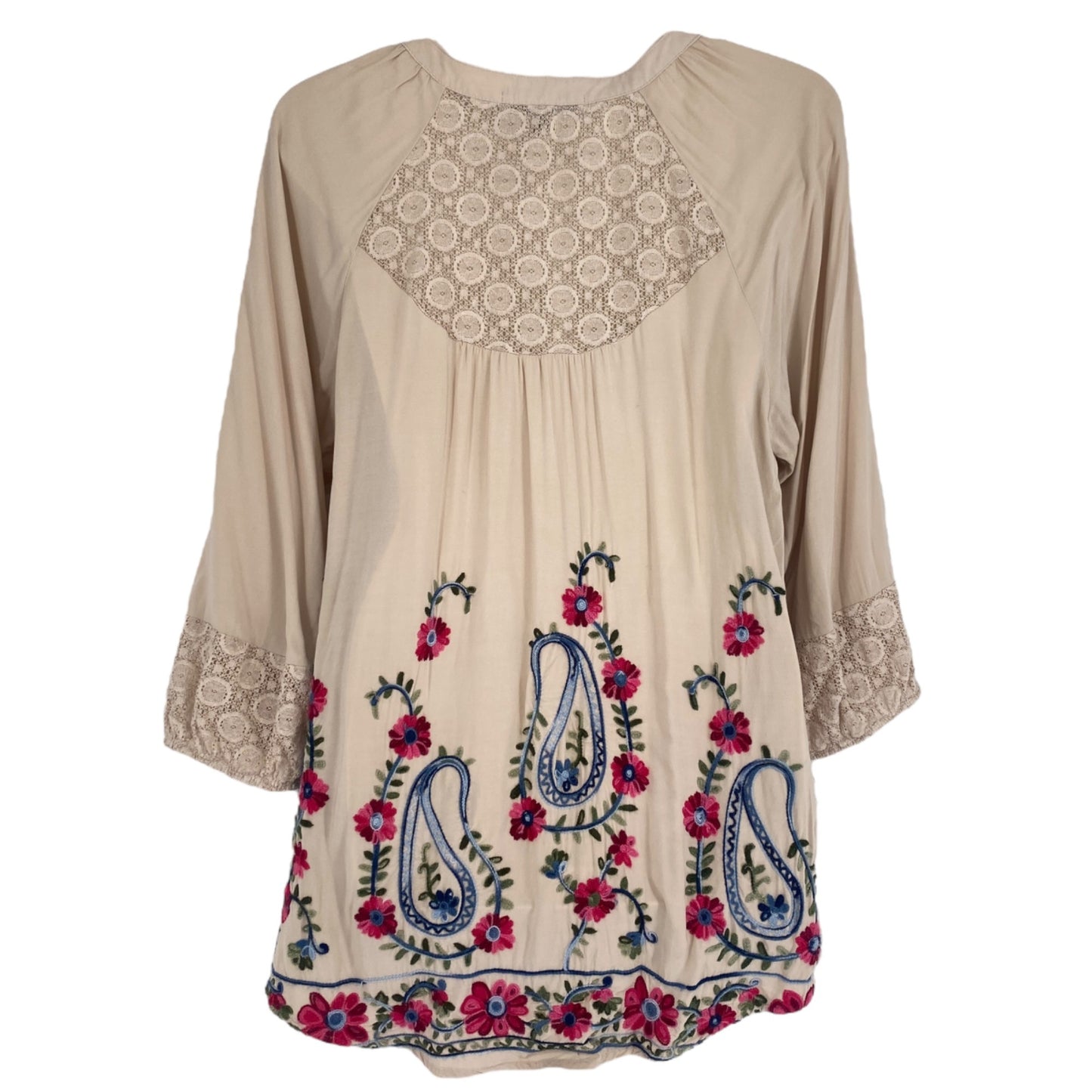 Anthropologie Figueroa Flower M Embroidered 3/4 Sleeve Peasant Blouse Floral