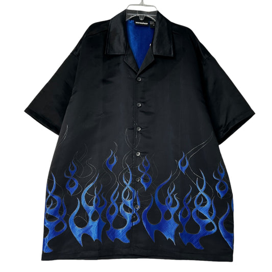 ODO Blue Flames Camp Shirt XL Black Short Sleeve Button Up Fire 90s Y2K Biker