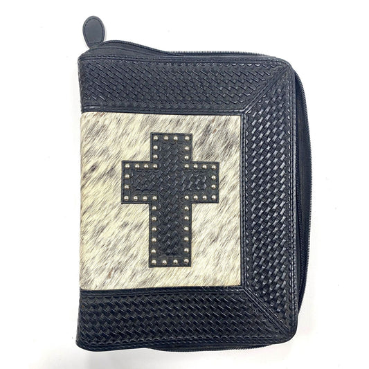 Western Style Tooled Leather Bible Cover Basketweave Calf Hair Studded Cross
