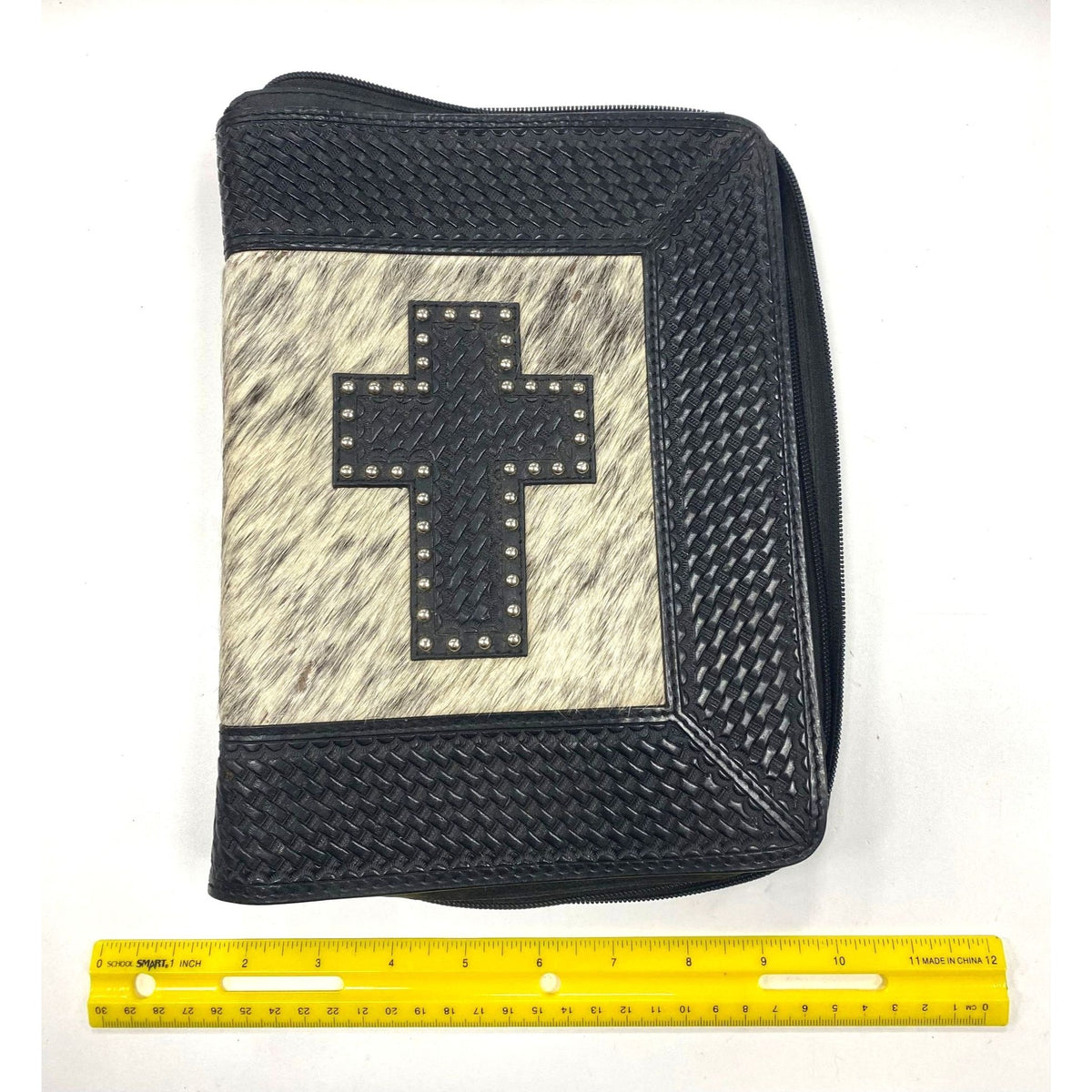 Western Leather Bible Cover Black Calf Hair Silver Stud Cross Zipper Organizer